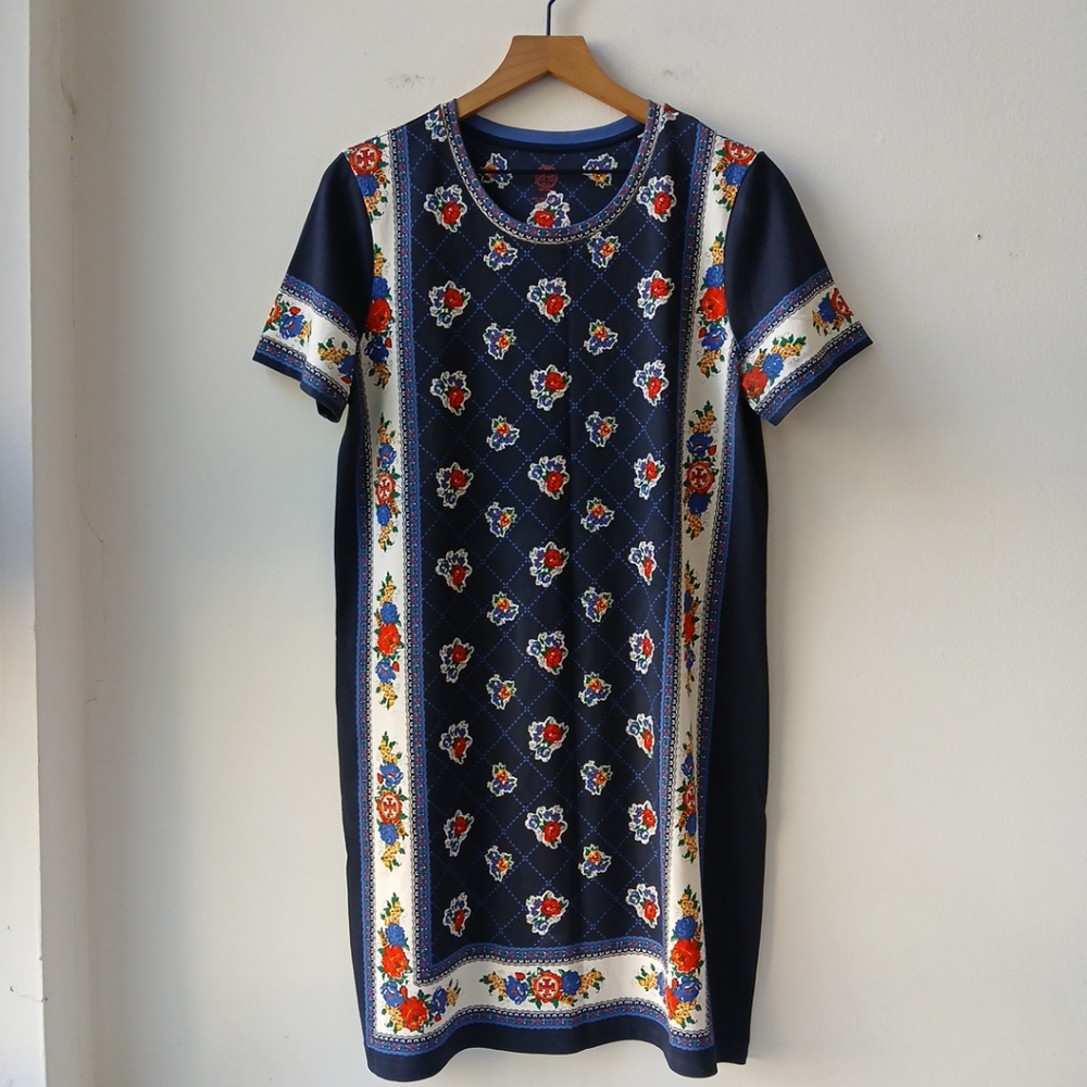 Tory Burch Short Sleeve Dress Navy Blue Floral Print Women's Large